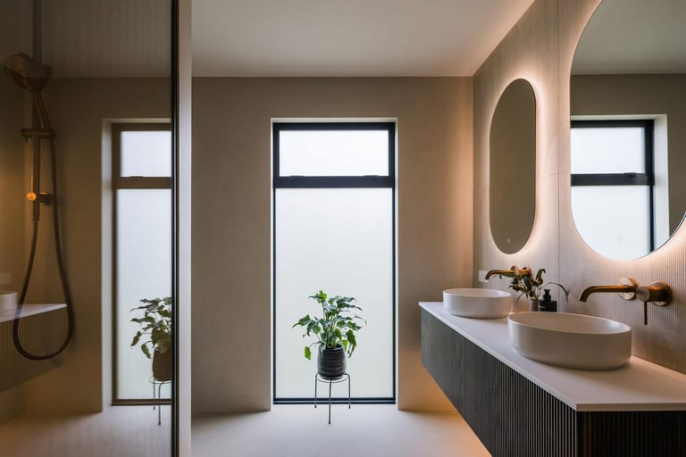Modern bathroom with dual vessel sinks, illuminated oval mirrors, open shower area, large windows, and minimalist neutral design with plants